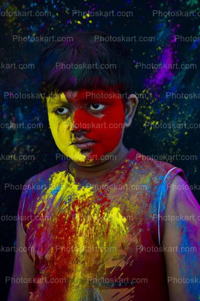 Boy Colored Face Celebrate Holi Festival