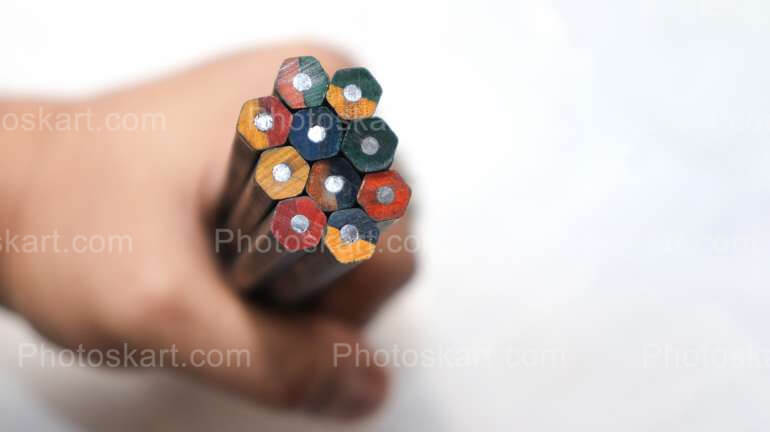 Bunch Of Pencil In One Hand Stock Image
