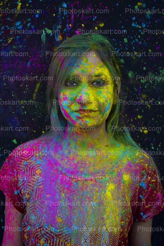 Closeup Image Of A Girl Coloured Face On Holi