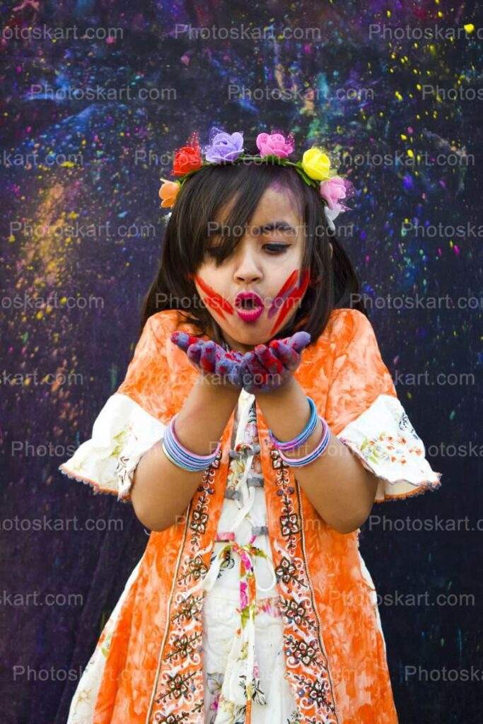 Joyful Little Girl Celebrate Holi Colorful Abir