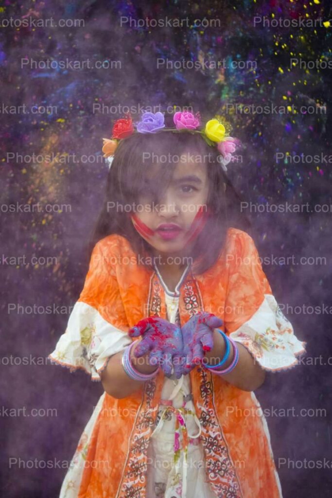 Little Indian Girl Hands Full Of Holi Color