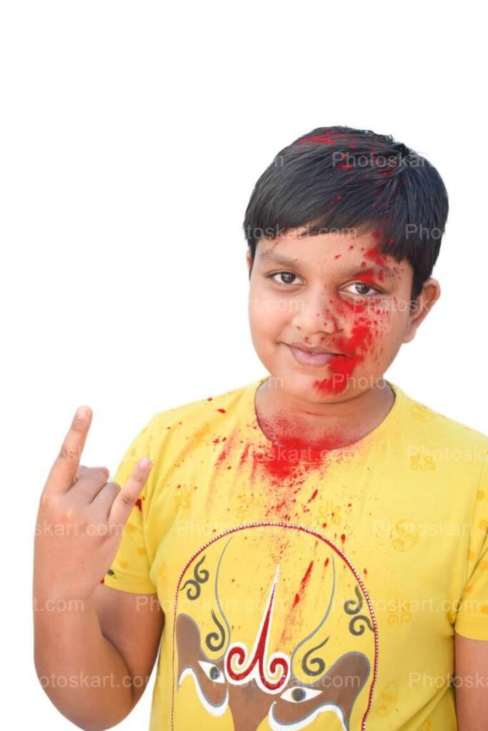 Smart Indian Boy Showing One Finger With Colorful Face