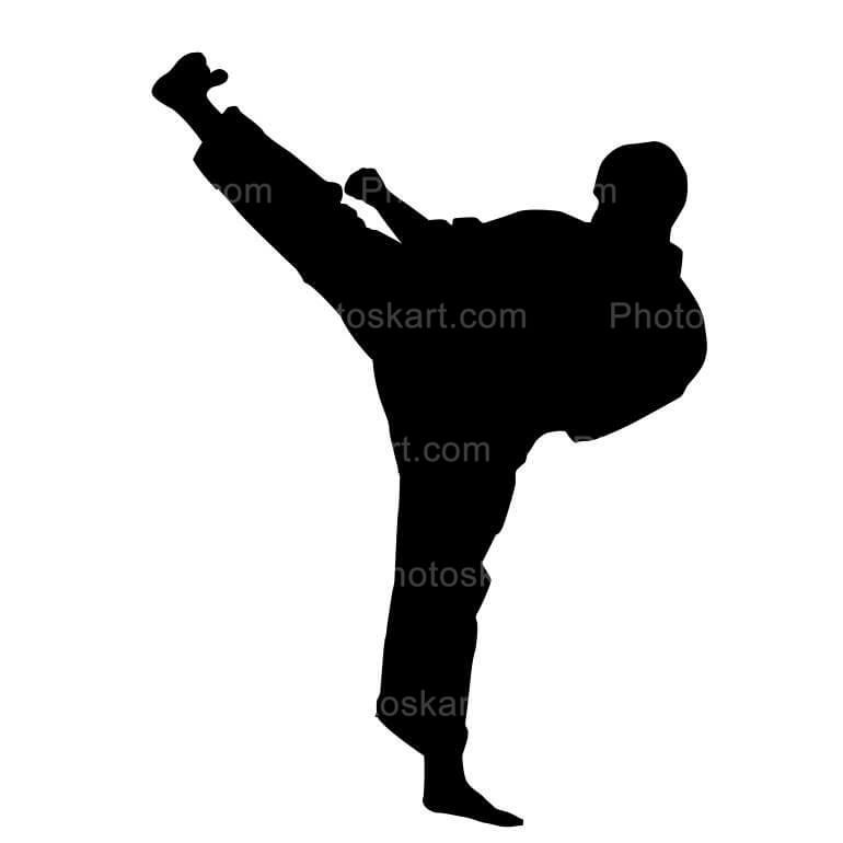 Silhouette of a young karatist with black belt doing Mae Geri at the studio  Stock Photo - Alamy