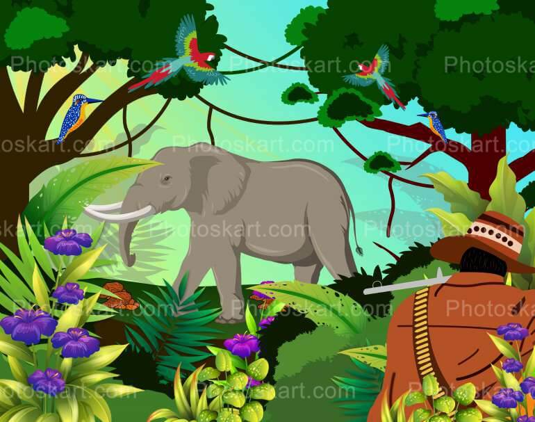 Wildlife With A Elephant And A Hunter Vector