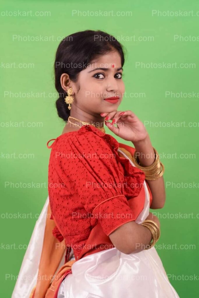 Beautiful Girl Wearing Traditional Sari For Puja Occasion Royalty Image