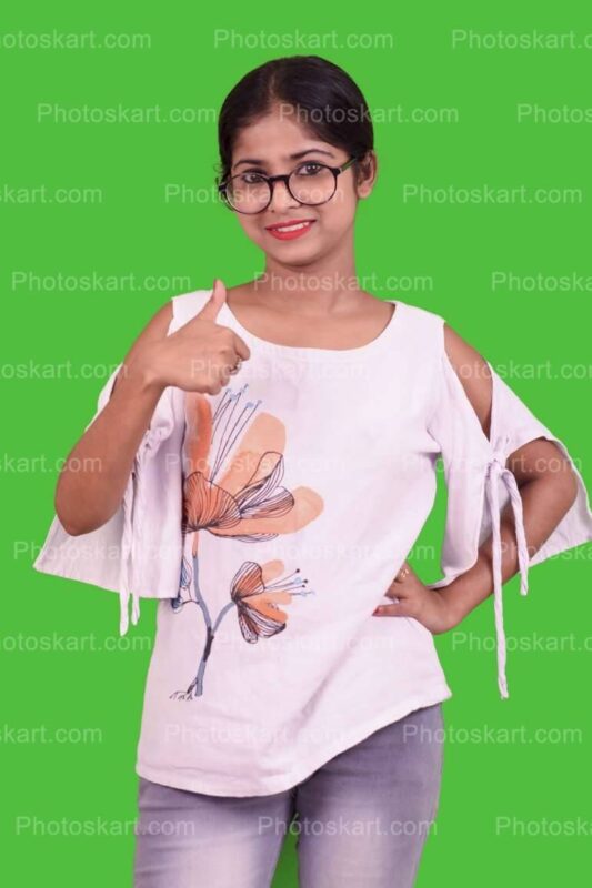 DG23524030922, pretty indian girl showing thumb royalty high res stock image, soma jalui, indian cute girl, smart cute girl, desi meye, meye, bangali, bengali, bangla, photoshoot, indoor, posing, green background, green screen, stock image, stock photo, royaltyfree stock image, royaltyfree stock photo, white dress, casual posing, casual dress, model, desi model, model, indian model, college girl, teenagers, cute model, indian model with white dress