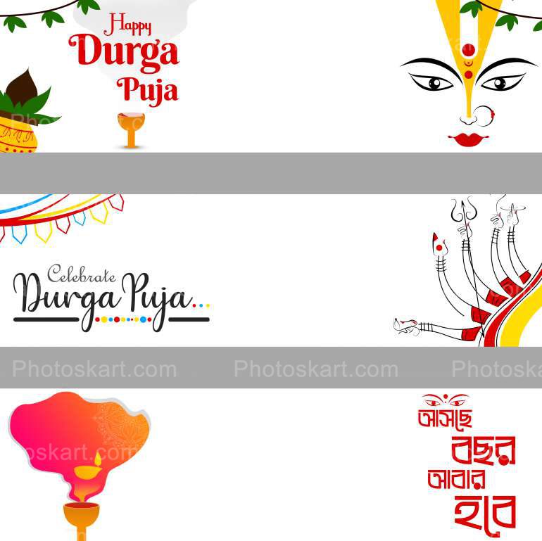 Three Creative Durga Puja Banner Vector