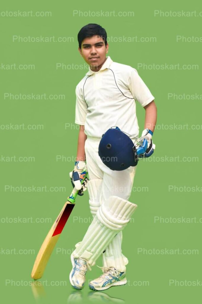 Cricketer Standing Pose With Bat And Helmet